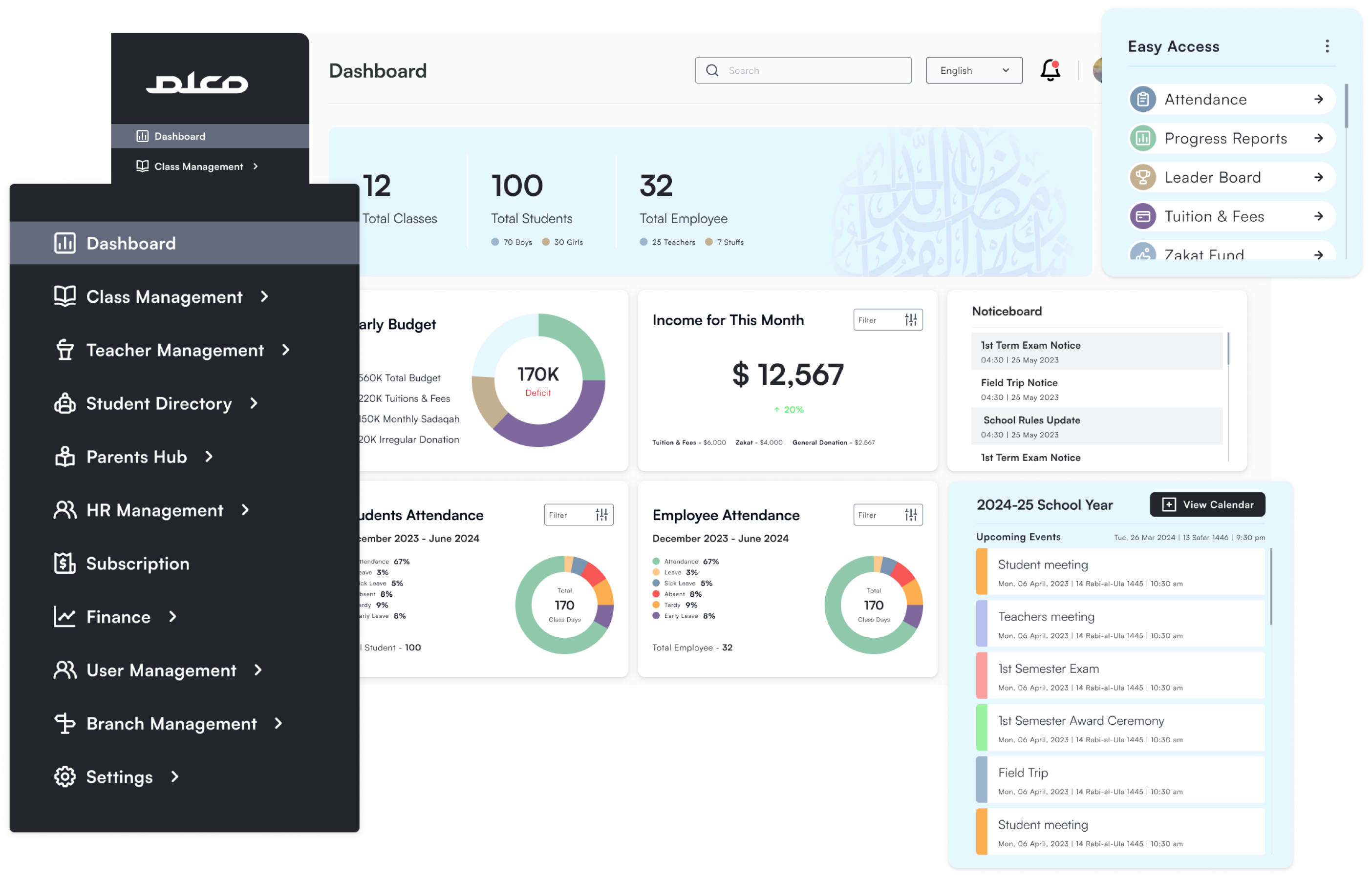 Muallim admin dashboard showing attendance and enrolment overview